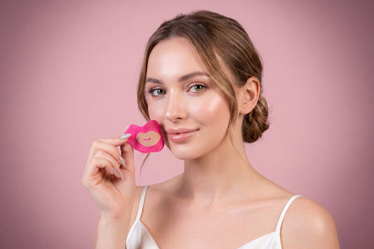 Smiling woman with a low bun holding hot-pink Queen Tape Hydrating Collagen Mouth Tape by her cheek, showing the built-in lip-mask center